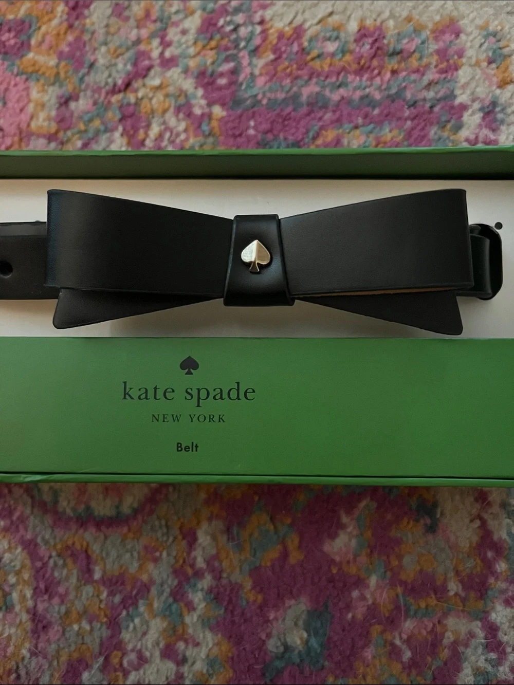 NWT Kate Spade New York Black Leather Bow Belt Slim Gold Spade Accent Size S/M